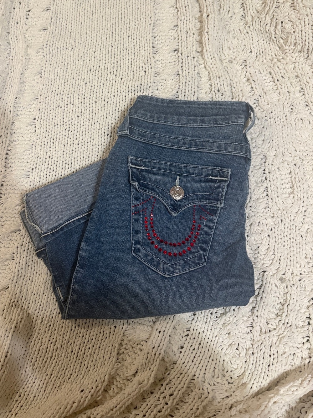 True Religion Bermuda Shorts Classic Blue Women's Jeans with Red Stud Detail